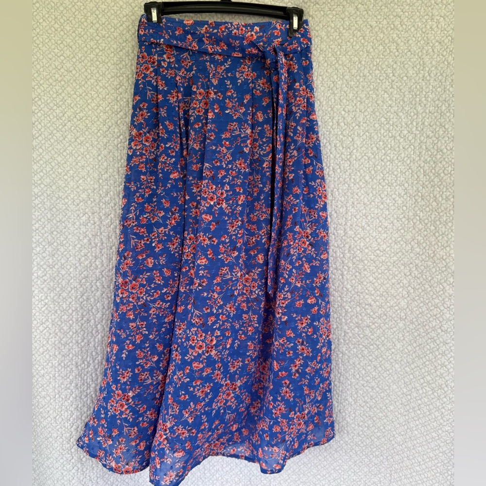 Berthie Paris Maxi Skirt S Blue Floral Sheer High Slit Long Lined  Anthropology